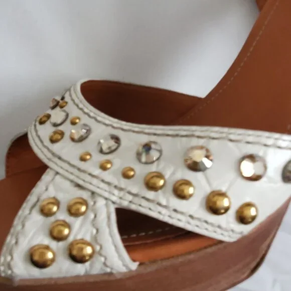 Car Shoe Studded Ankle Strap Block Heel Sandals White/Brown Women's 40/US 10 - Picture 9 of 12